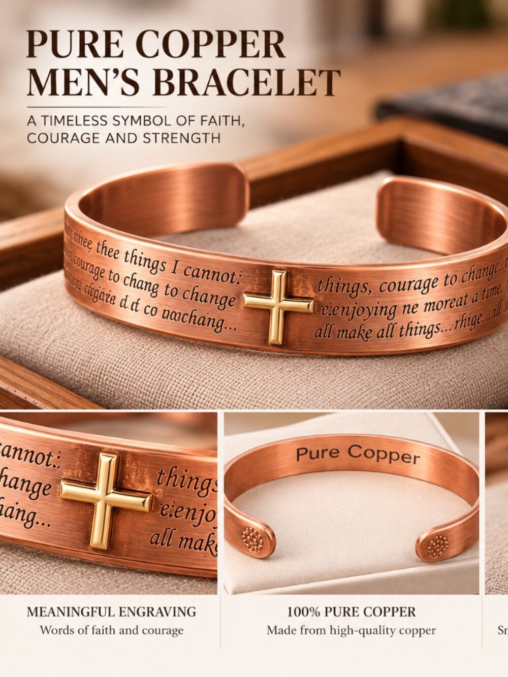 NWOT Men’s Engraved Pure Copper Bracelet with Cross